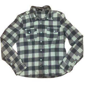 Fox Racing Shirt Women's Medium Mint Green Gray Plaid Flannel Long Sleeve
